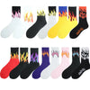 A variety of women's crew socks featuring flame patterns in various colors including black, white, yellow, pink, and purple.