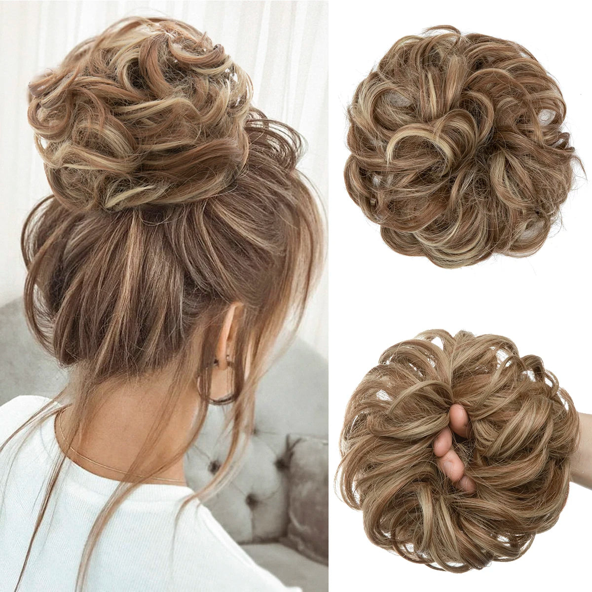 A close-up of messy curly hair bun extensions styled in an updo, showing various textures and shades of brown hair.