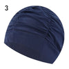 Navy blue elastic nylon turban swimming cap shown from the side.