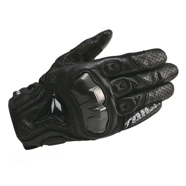 Black genuine leather motorcycle motocross gloves shown from above