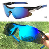 A pair of blue-mirrored sport sunglasses shown in two views, one on a product background and one being worn outdoors.