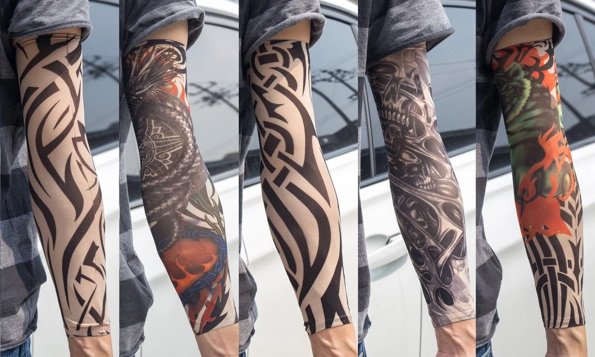 Close-up of a person wearing black and grey reusable UV protection tattoo arm sleeves on their forearm.