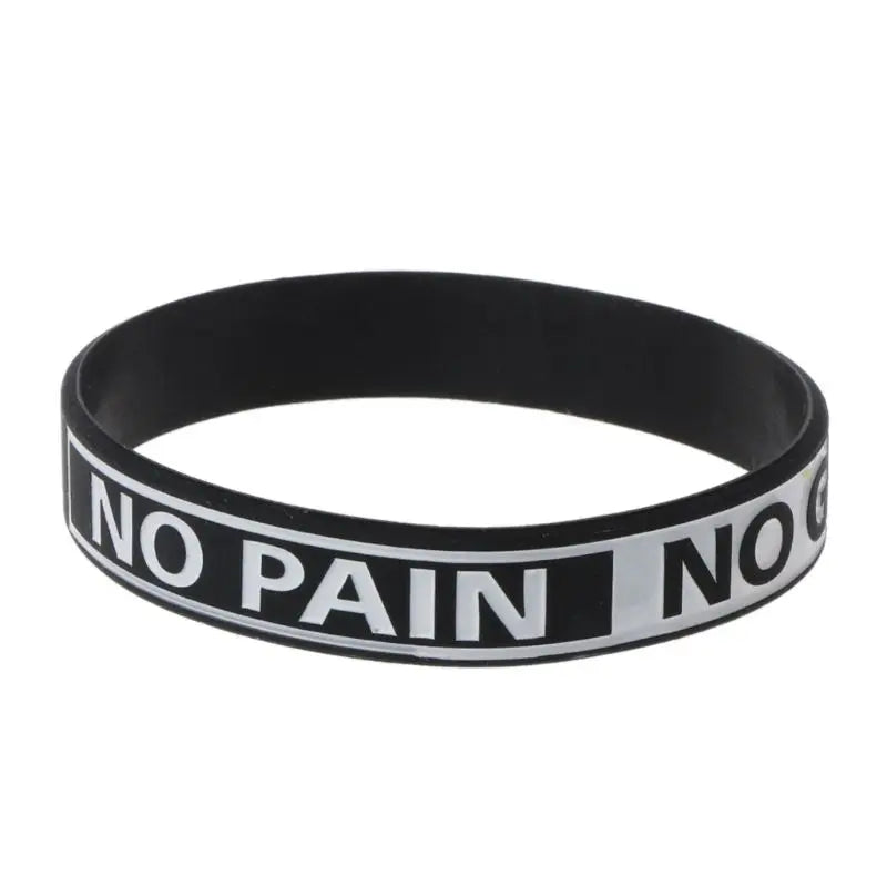 Black silicone elastic bracelet with white text reading NO PAIN NO GO