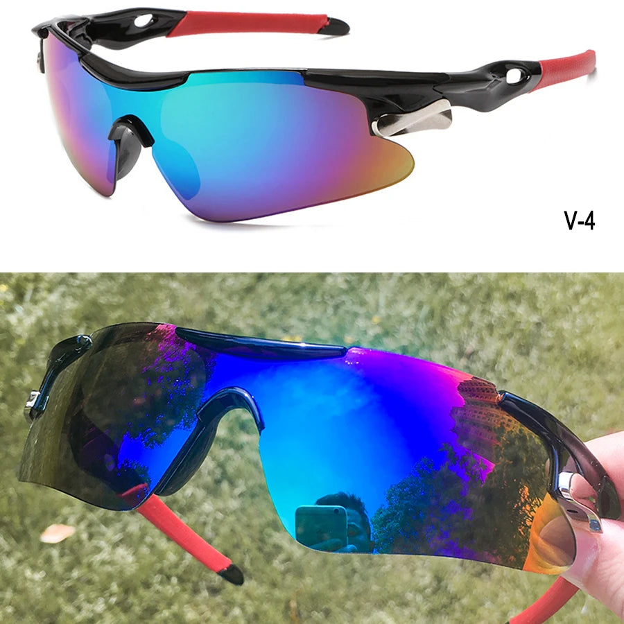 A pair of V-4 sport sunglasses with black frames and multi-colored lenses are shown in use outdoors.