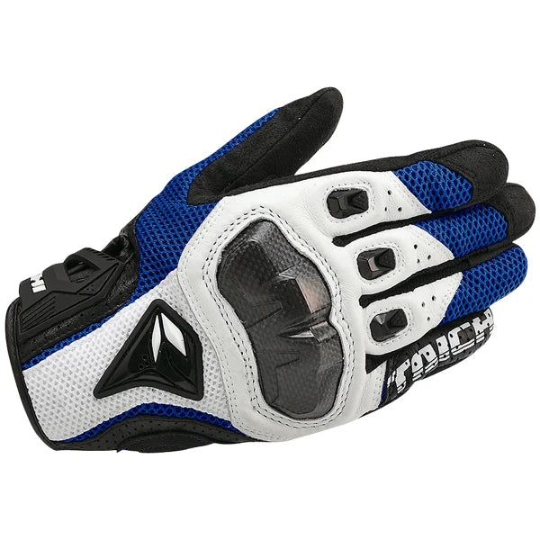 A pair of black and blue genuine leather motorcycle motocross gloves shown from above.