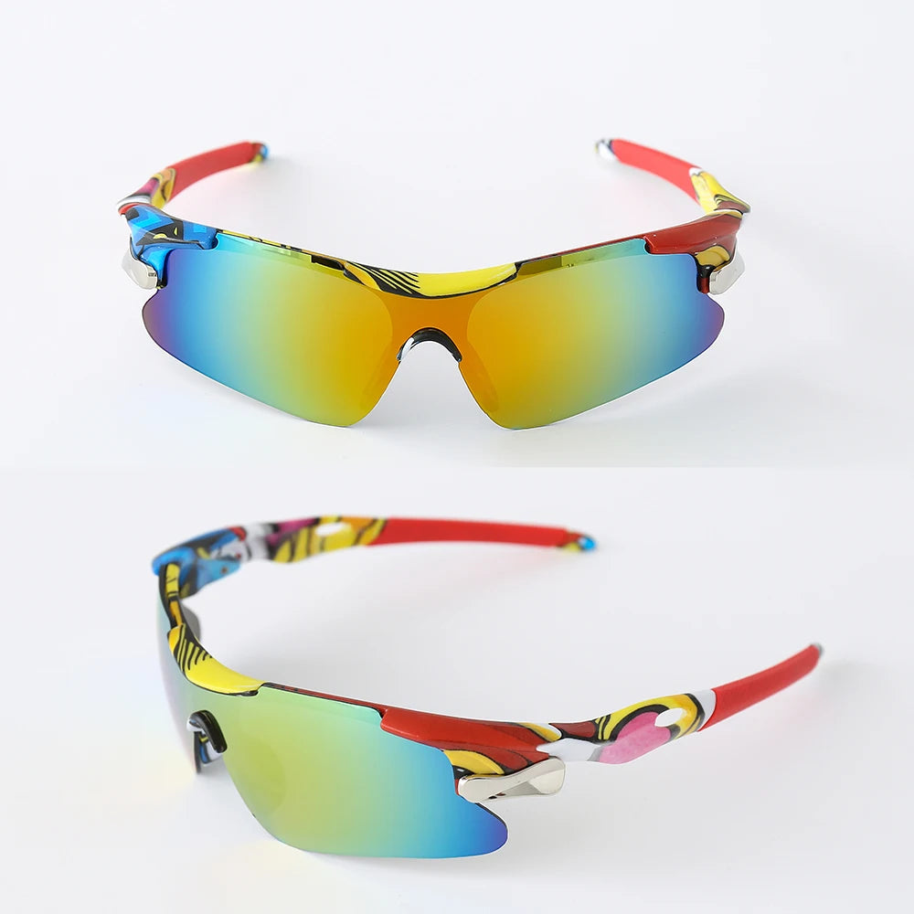 A pair of colorful sport sunglasses with mirrored lenses and a multi-colored frame are shown against a white background.