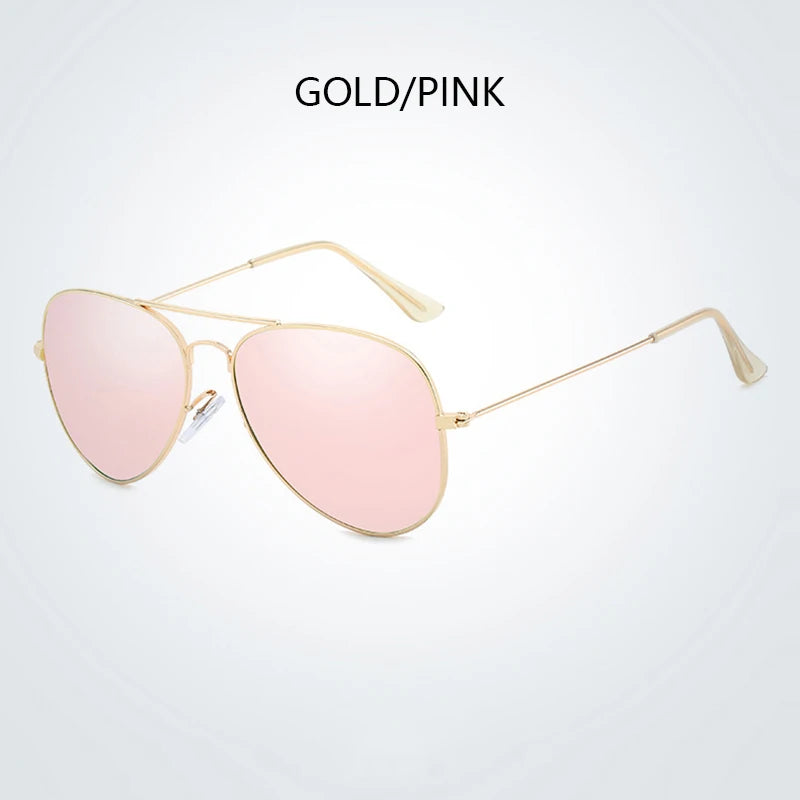 Gold/pink polarized pilot sunglasses with thin metal arms and pink tinted lenses