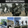Collage mit taktischer Ausrüstung, Outdoor-Sportartikeln wie Motorraden und Fahrrädern sowie Menschen in rauem Gelände.
