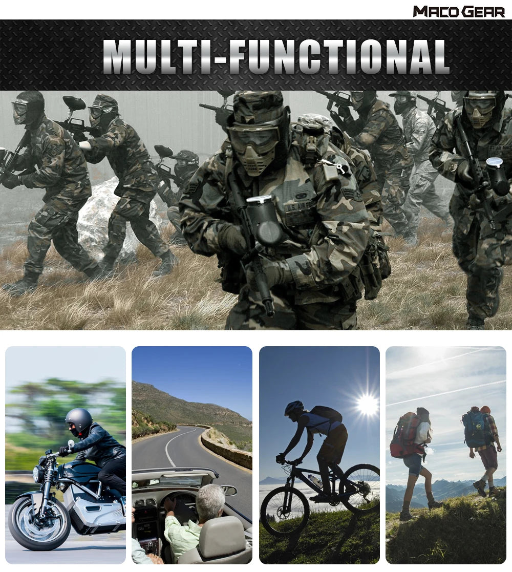 Collage mit taktischer Ausrüstung, Outdoor-Sportartikeln wie Motorraden und Fahrrädern sowie Menschen in rauem Gelände.