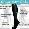 A black compression sock is shown highlighting features like a non-constricting top band, breathable materials, a balloon toe