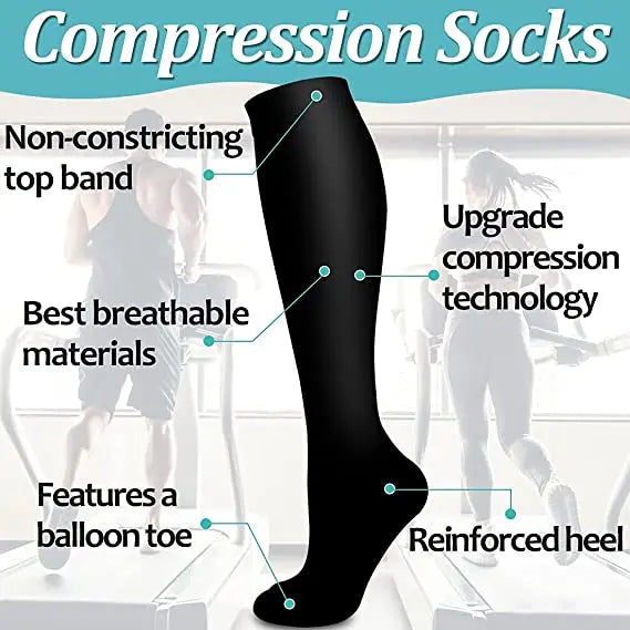 A black compression sock is shown highlighting features like a non-constricting top band, breathable materials, a balloon toe