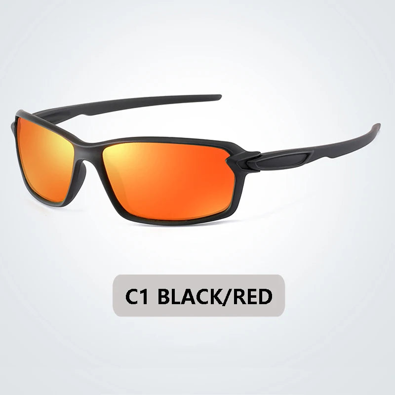 Black and red polarized sports sunglasses shown against a light gray background.