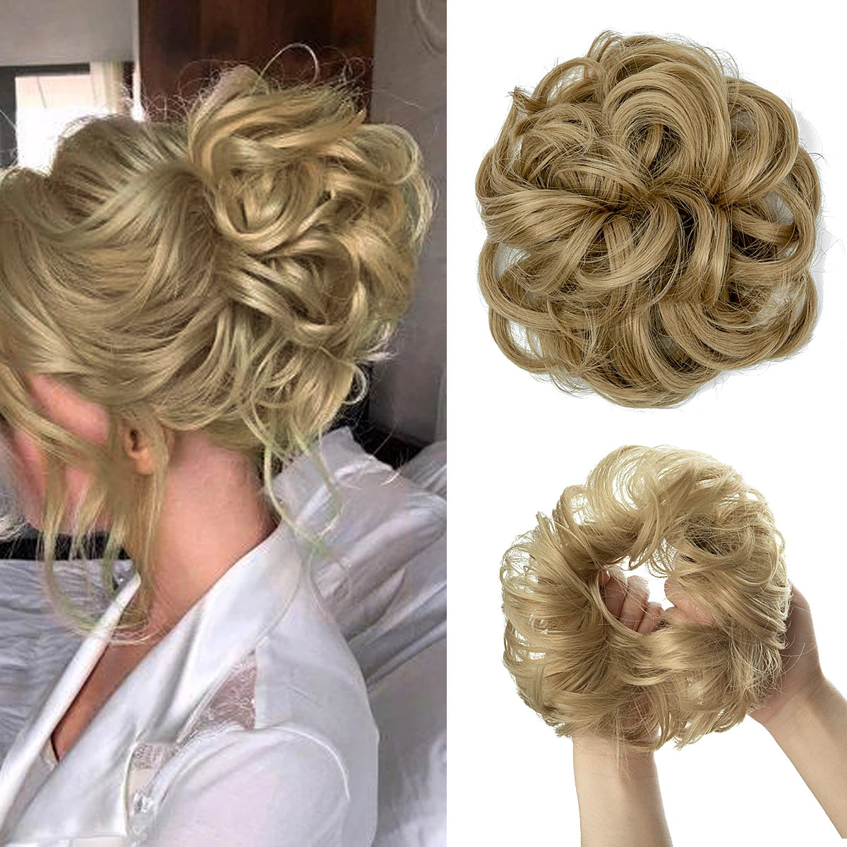 A woman shows off messy curly hair bun extensions styled in an updo.
