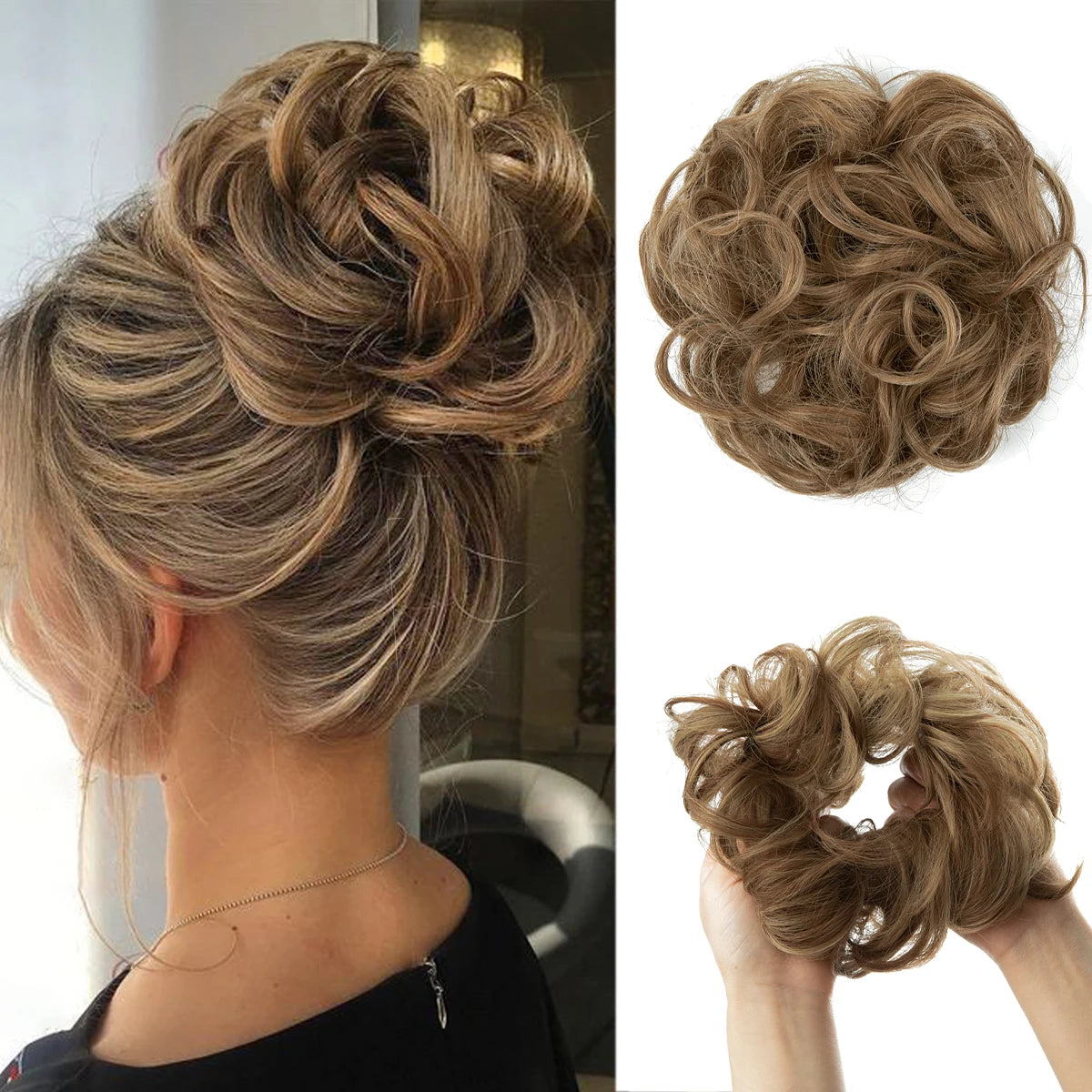 Close-up of messy curly hair bun extensions styled in an updo on a person's head.