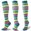 A set of multi-color striped compression socks in shades of blue, green, yellow, and pink.