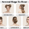 Images showing various hairstyles for messy curly hair bun extensions including double bun, half bun, top bun, lower bun, and