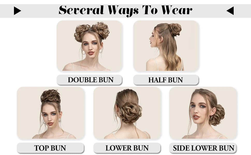 Images showing various hairstyles for messy curly hair bun extensions including double bun, half bun, top bun, lower bun, and
