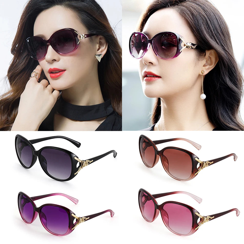 A collection of vintage oversized retro sunglasses in various colors and styles shown on a model and product shots.