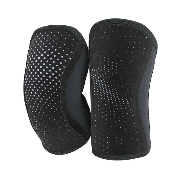 A pair of black knee sleeves with dotted patterns for weightlifting and CrossFit.