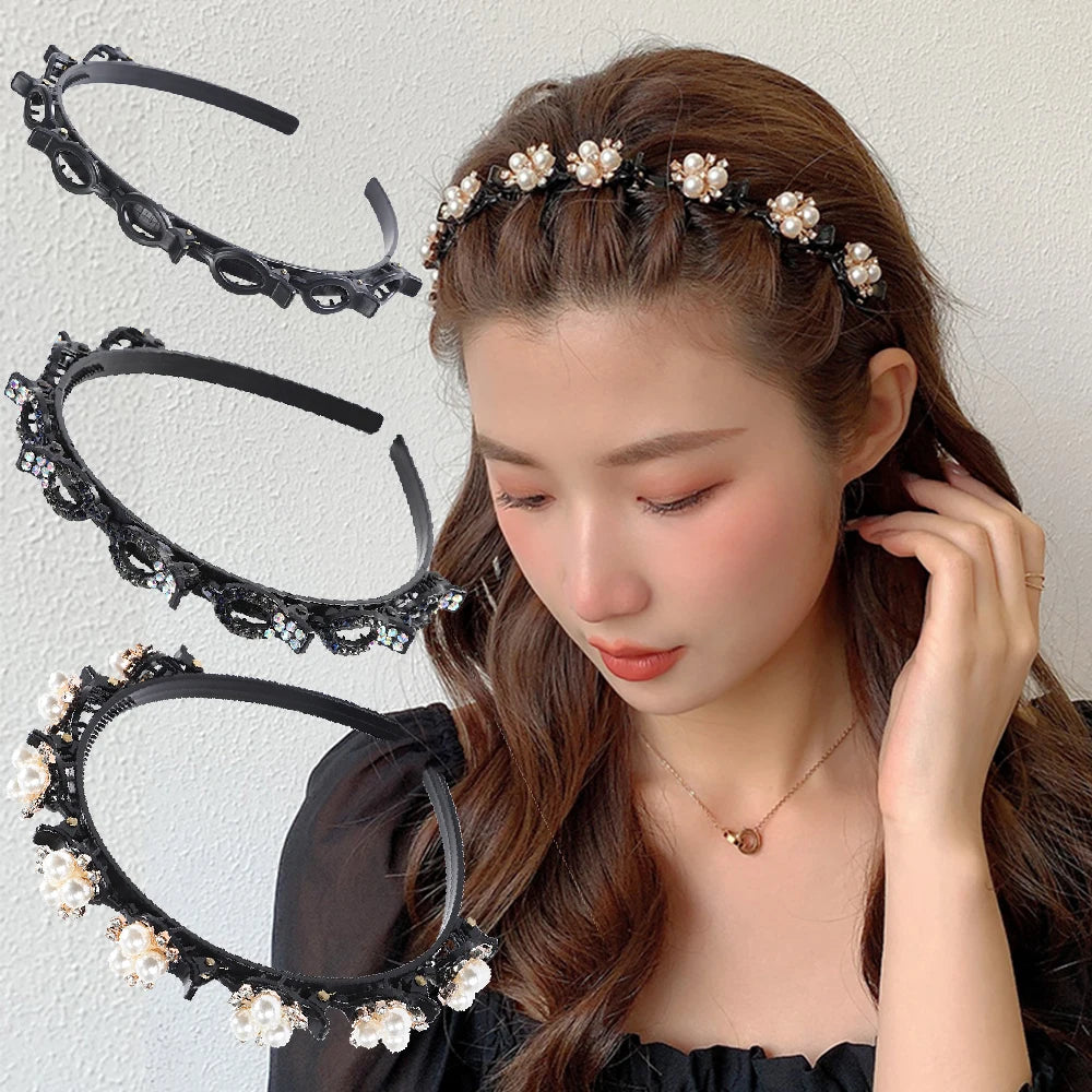 A woman models a double layer pearl and rhinestone headband worn in her hair.