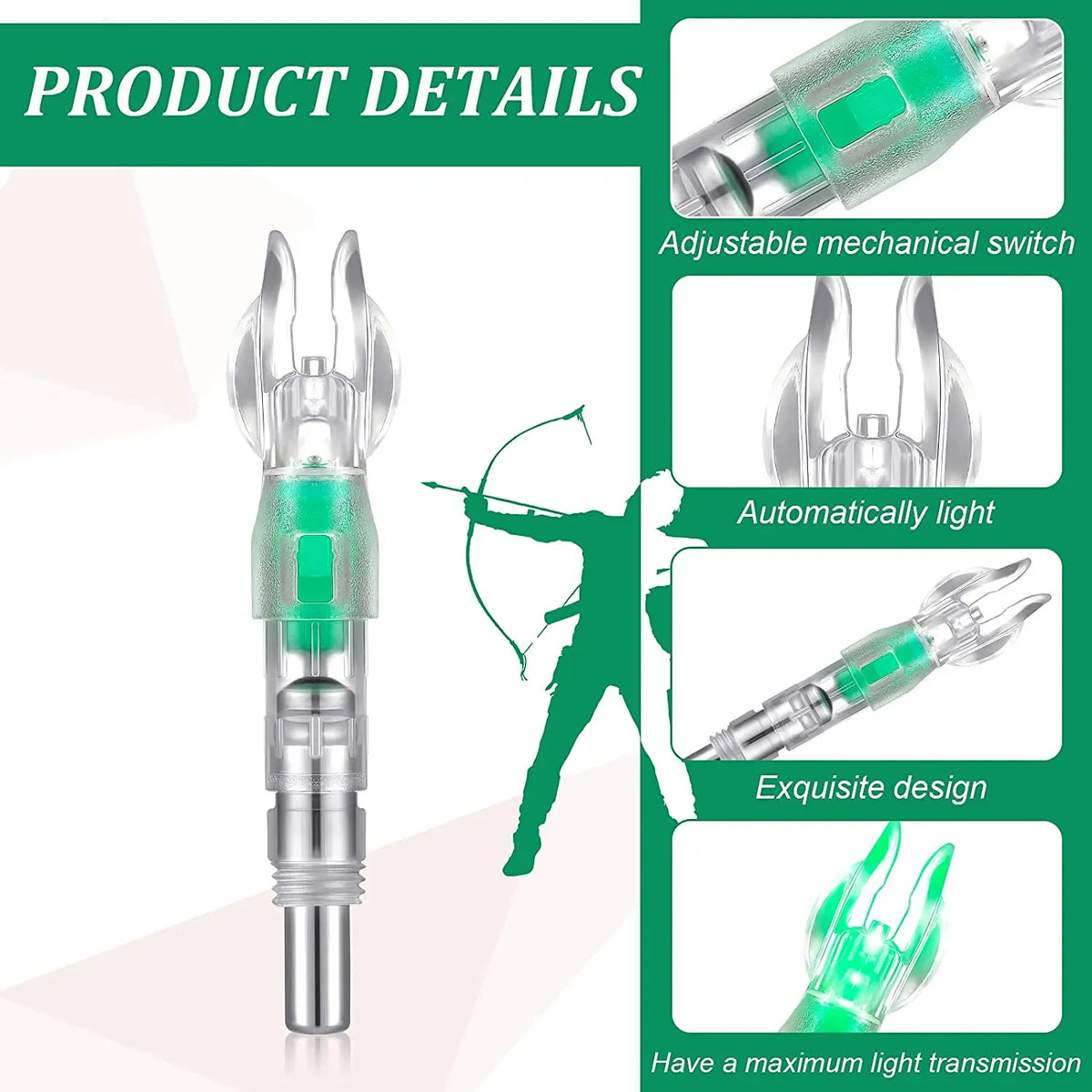 A silver lighted arrow nock for archery with an adjustable mechanical switch and exquisite design.
