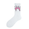 White crew socks with a pink flame pattern design