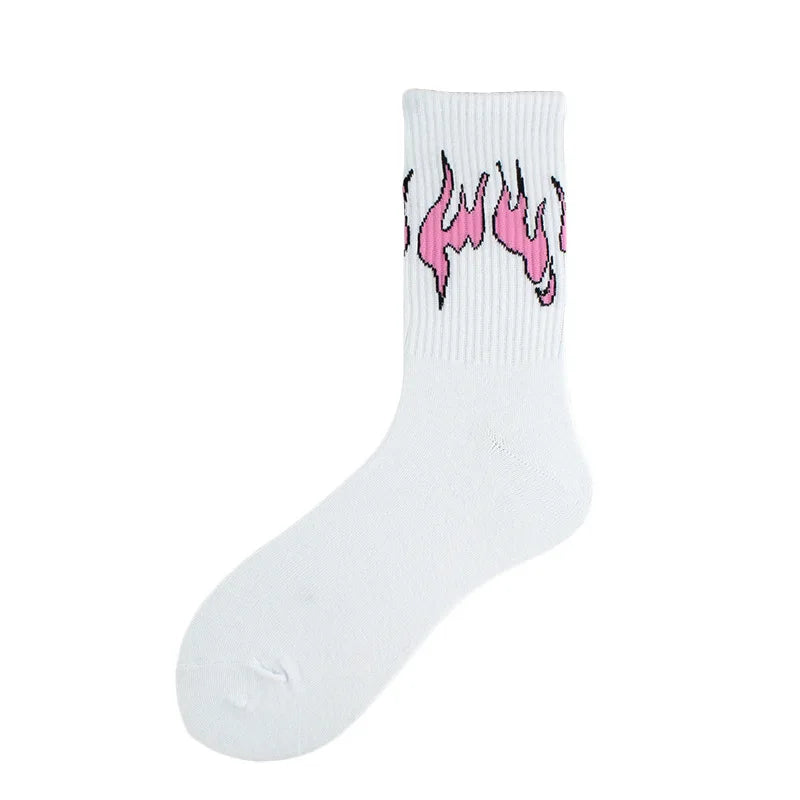 White crew socks with a pink flame pattern design