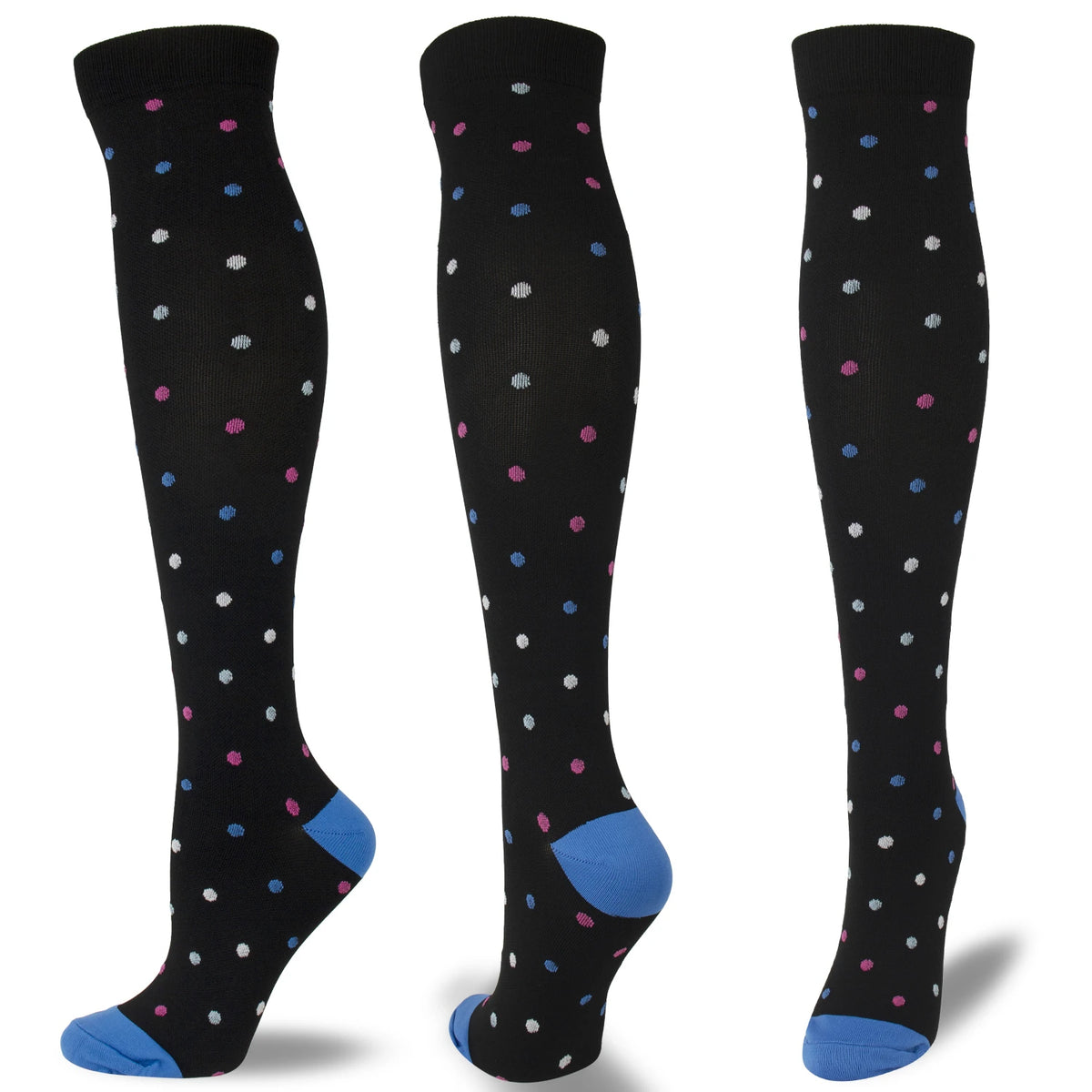 A set of multi-color compression socks featuring black fabric with scattered pink, blue, and gray dots.