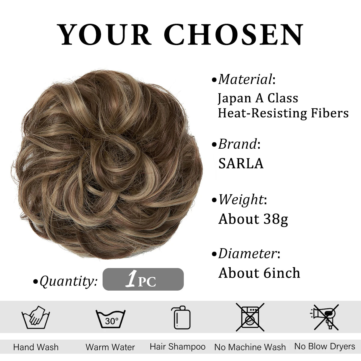 A product listing showing a bundle of brown hair extensions with details on material brand weight diameter and care instructi