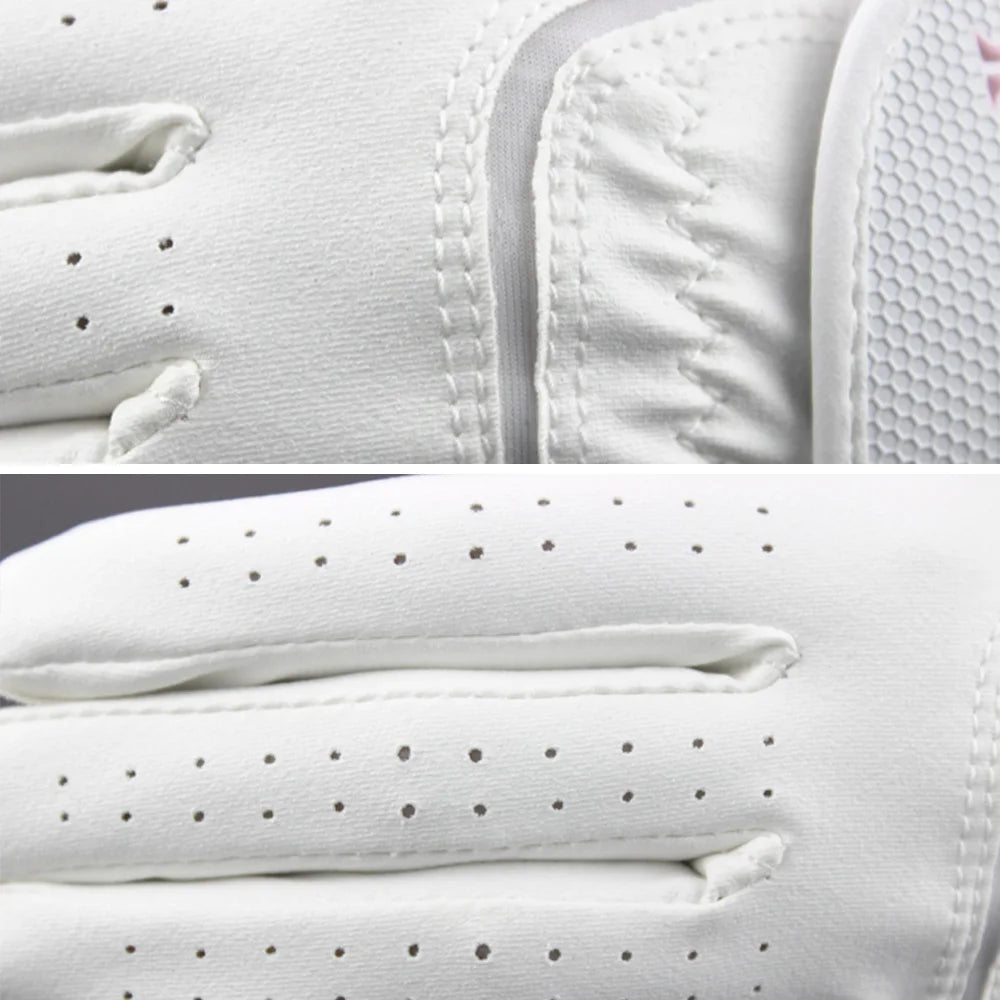 Close-up of white microfiber golf grips showing stitching and textured surfaces for enhanced sports performance.
