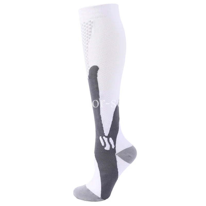 White graduated compression socks with black graphic design