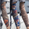 A series of close-up photos showing various designs on reusable UV protection tattoo arm sleeves.