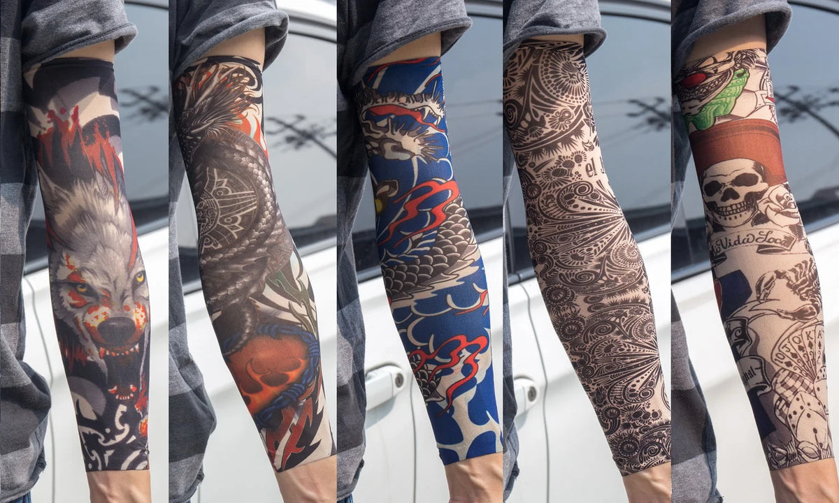 A series of close-up photos showing various designs on reusable UV protection tattoo arm sleeves.