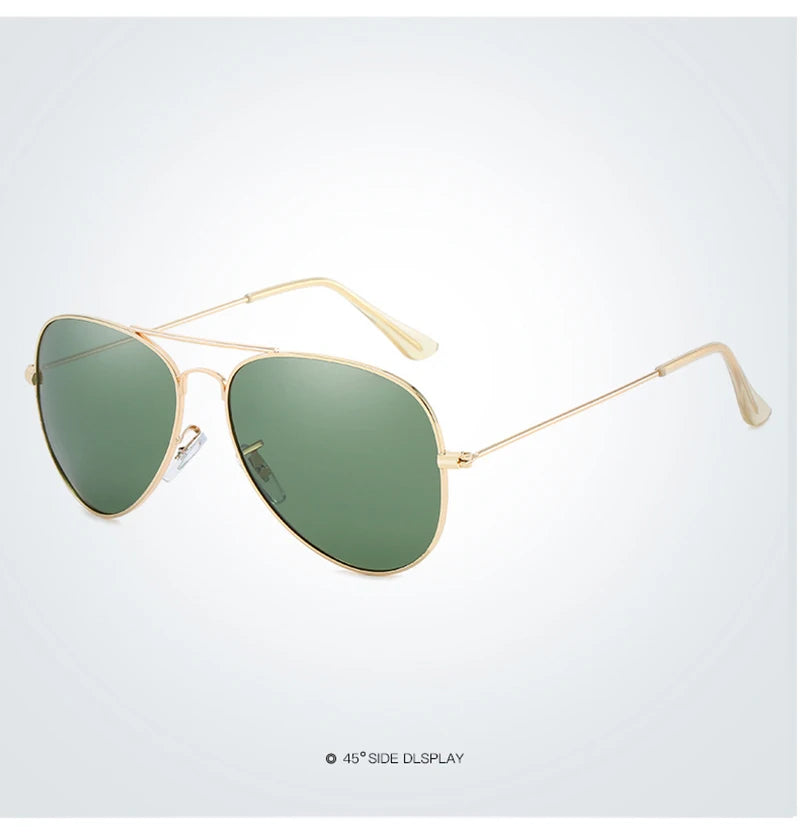 Gold-framed aviator sunglasses with olive green lenses shown from the side.
