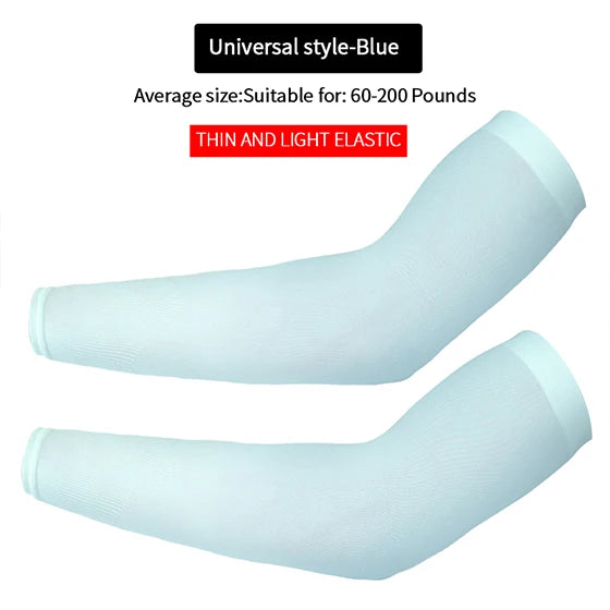 A pair of light blue fingerless arm sleeves shown in two views, indicating they are thin and light elastic.