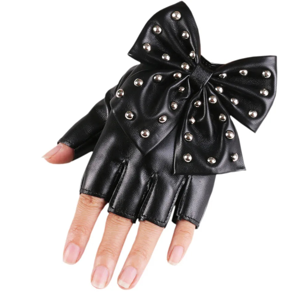 Schwarze Damen-Rivet-Leder-Performance-Handschuhe mit großer Schleifenverzierung