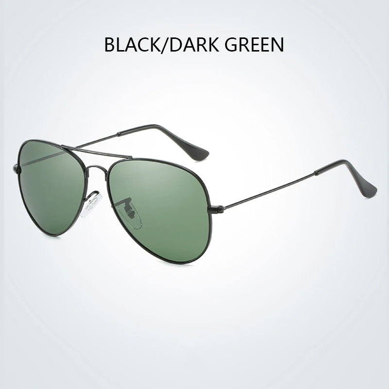 Black or dark green polarized pilot sunglasses with black arms and temples
