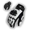 A pair of black and white racing genuine leather motorcycle riding gloves shown in a close-up view.