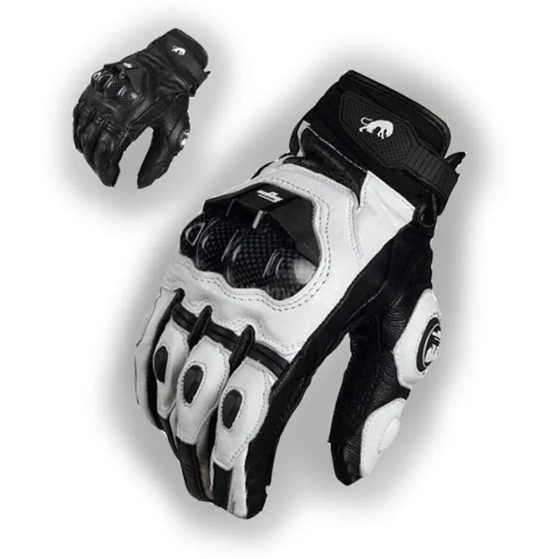 A pair of black and white racing genuine leather motorcycle riding gloves shown in a close-up view.