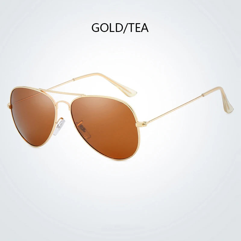 Gold/tea tinted pilot sunglasses with thin gold metal frames