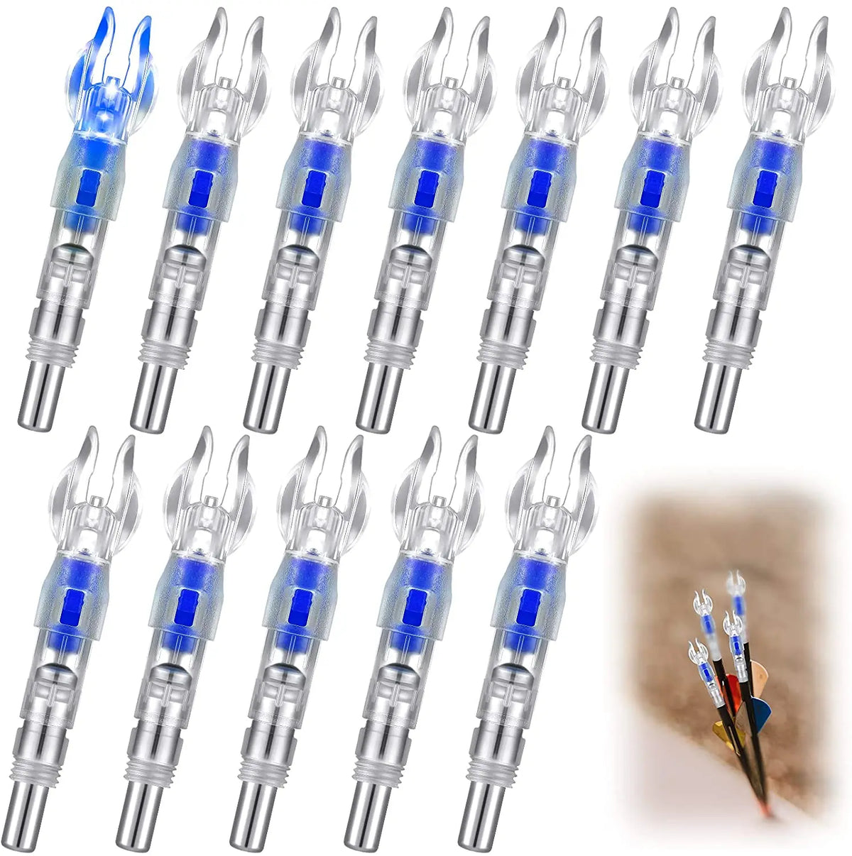 A collection of lighted arrow nocks for archery, shown in various orientations and close-up detail.