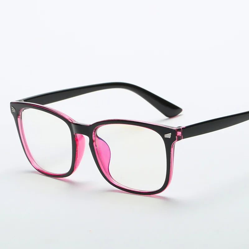 A pair of pink and black square full frame optical glasses viewed from above.