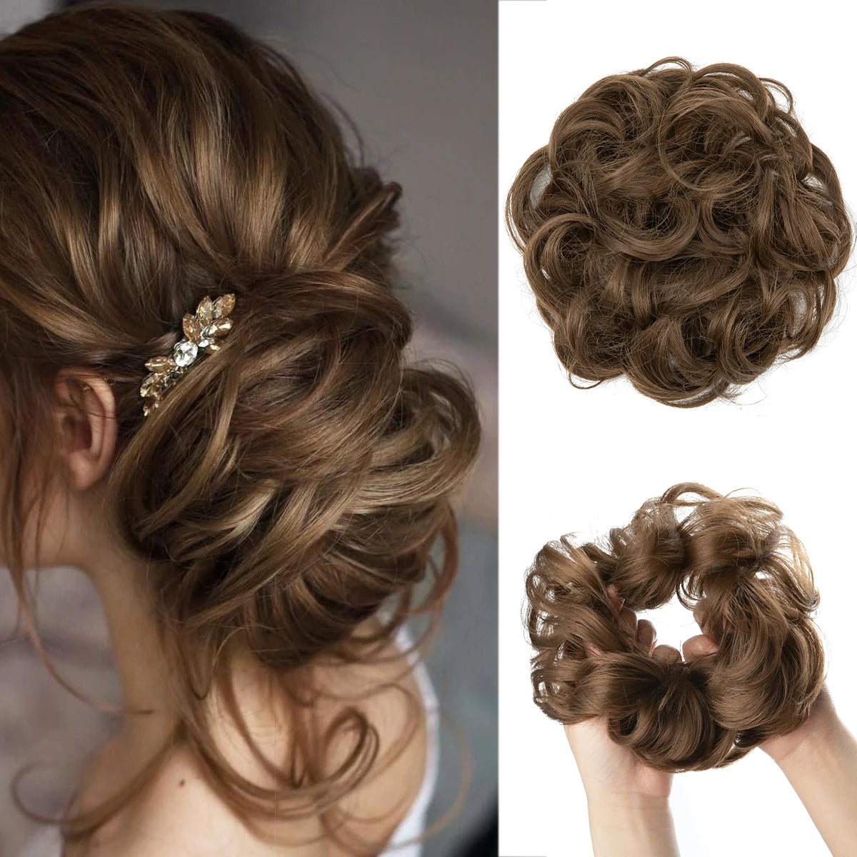 A close-up of messy curly hair bun extensions styled in an elegant updo with a gold hair accessory.