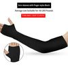 Black fingerless arm sleeves shown on a hand and arm, with an inset showing the fit.