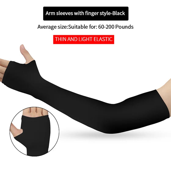 Black fingerless arm sleeves shown on a hand and arm, with an inset showing the fit.