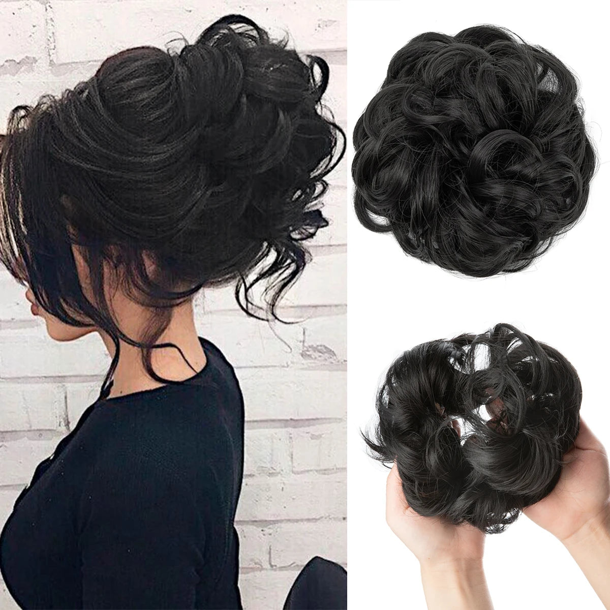 A woman shows off messy curly hair bun extensions styled in an updo and a loose bun.