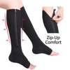 Black zip-up compression socks shown on a leg and a close-up of the zipper feature.