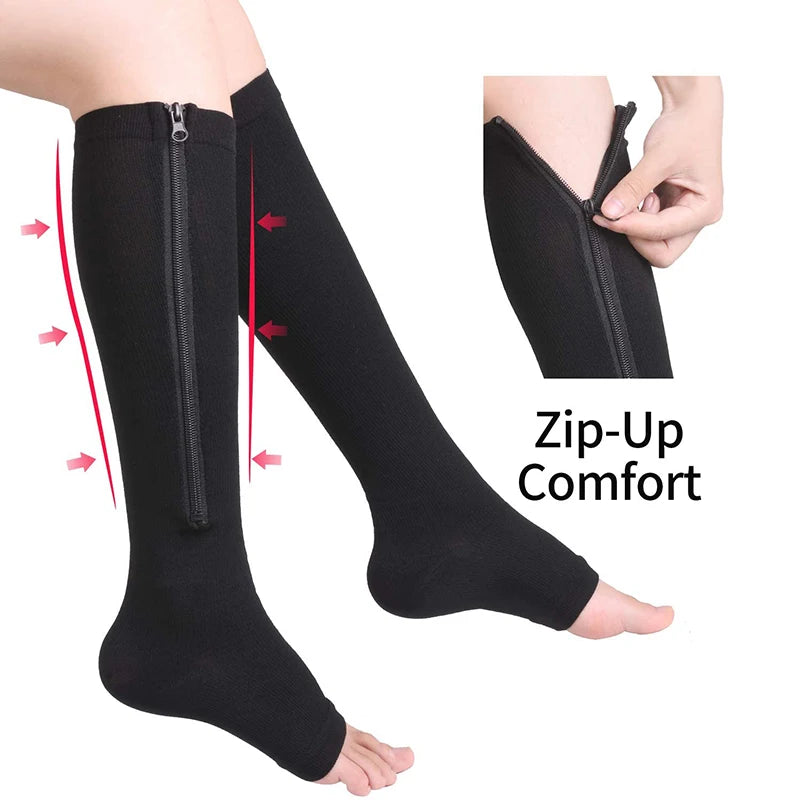 Black zip-up compression socks shown on a leg and a close-up of the zipper feature.