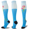 A set of multi-color compression socks featuring pink and green designs on a blue background.