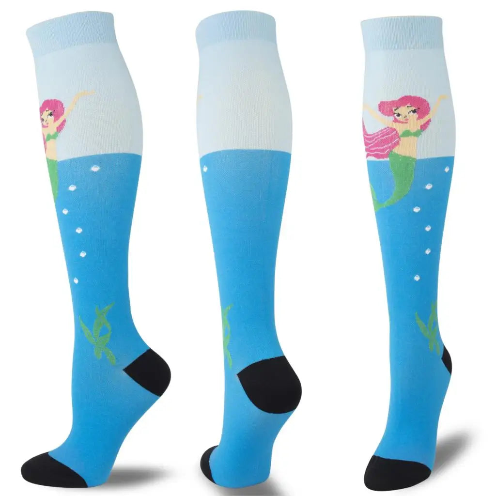 A set of multi-color compression socks featuring pink and green designs on a blue background.